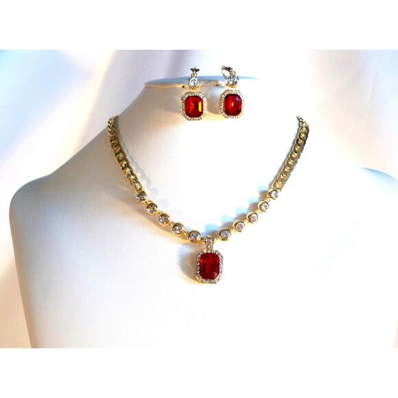 Red rhinestone pendent 3pc necklace set,wedding MOB prom party formal necklace - Picture 3 of 6